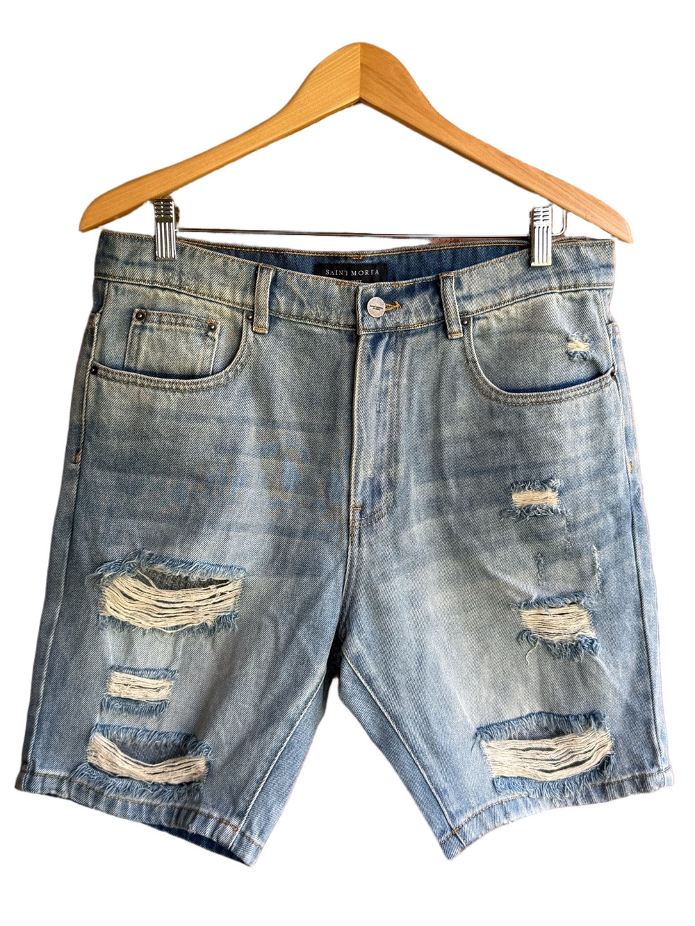NWOT Saint Morta Men's Destroyer Distressed Jean Shorts Vintage Blue 34" Waist
